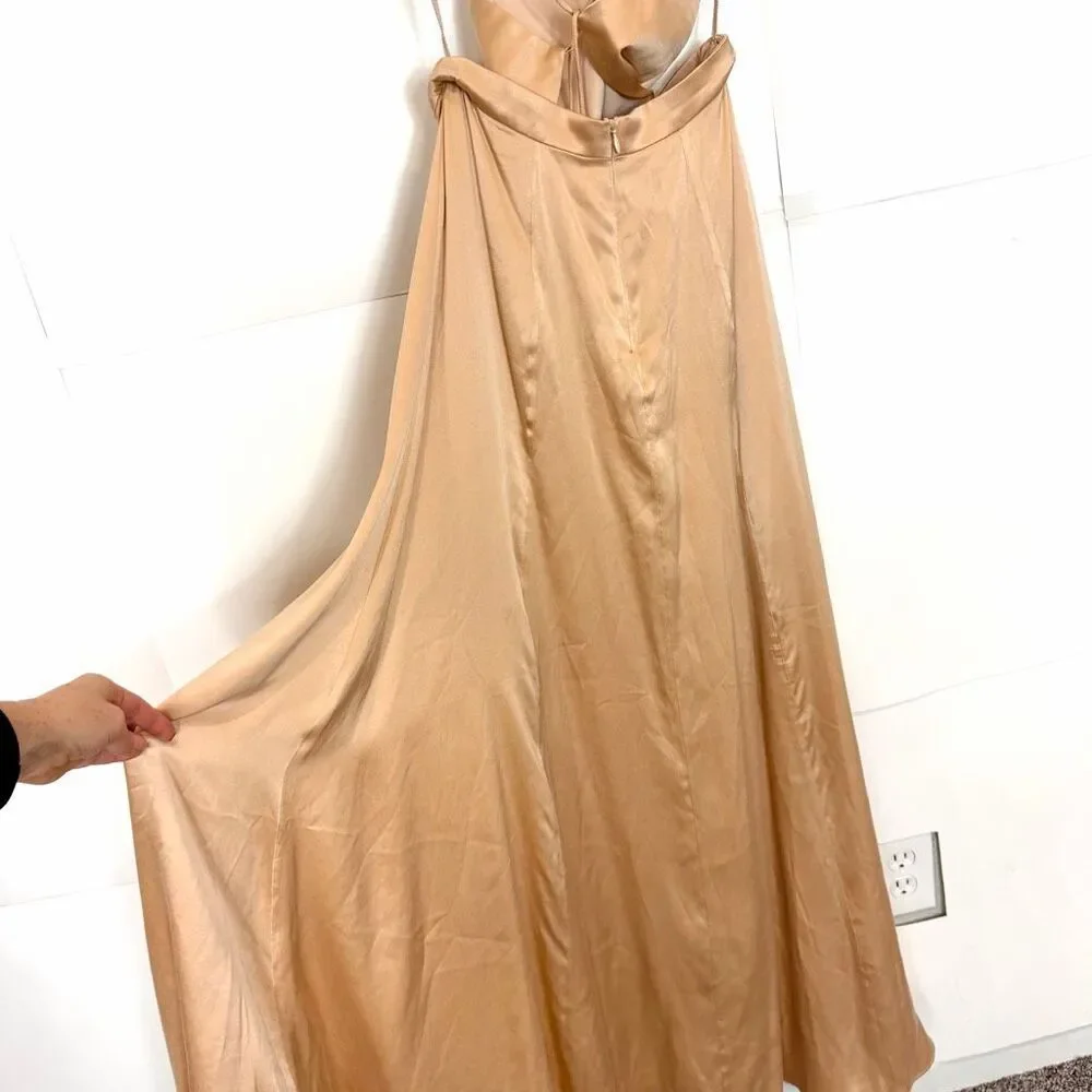 NWT Fame And Partners Maxi Dress Womens 2 Gold Beige Open Criss Cross Back Gown